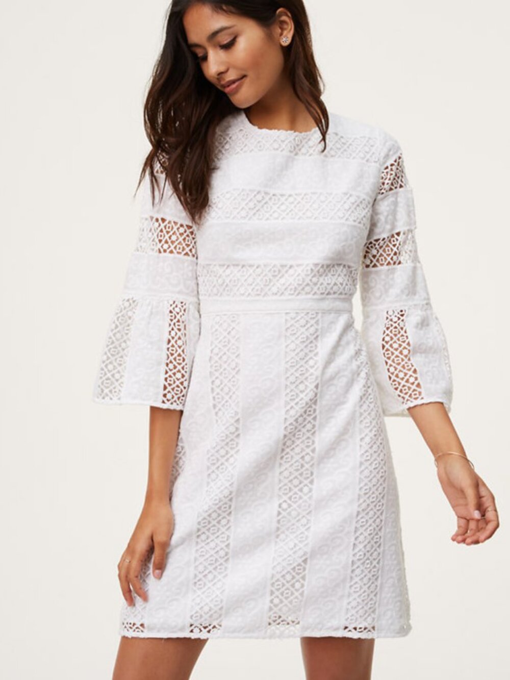 LOFT White Bell Sleeve Crochet Dress L